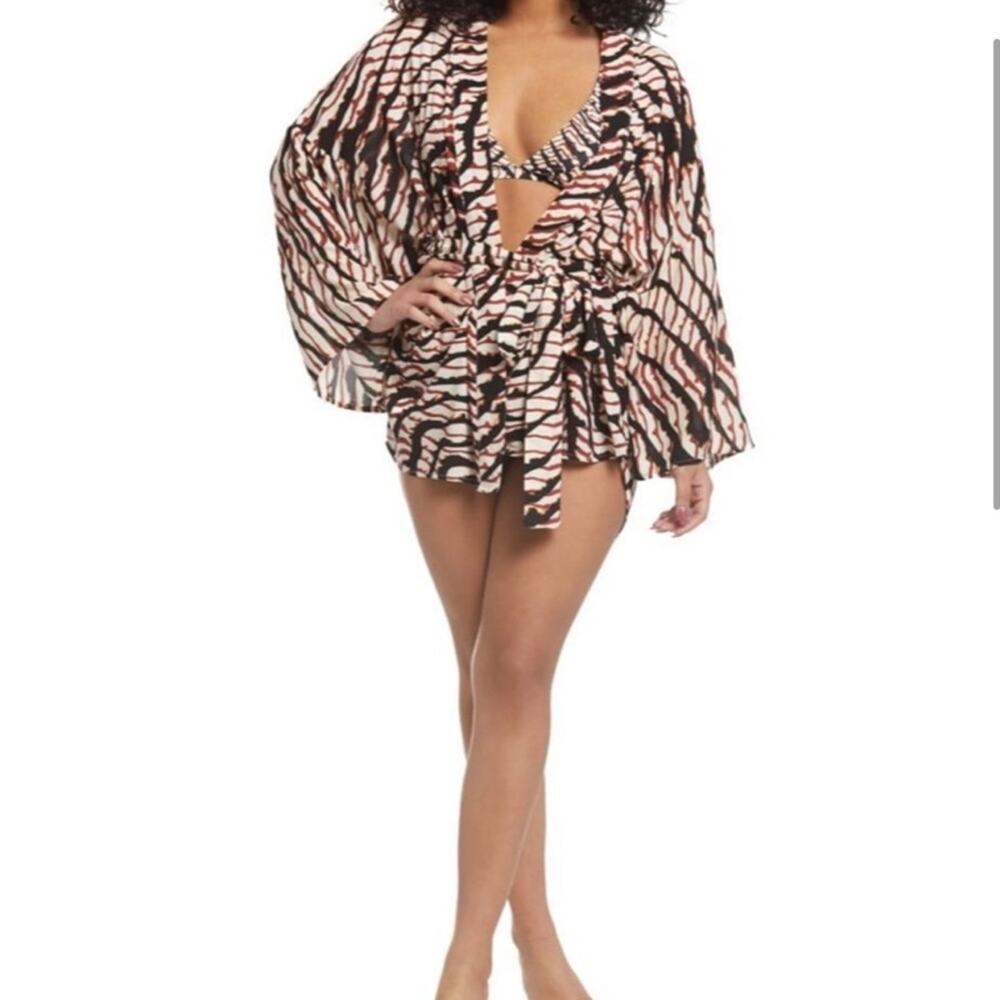 Radio Fiji Chita Kimono Belted Wrap Swimsuit Cover Up Brown Large NWT